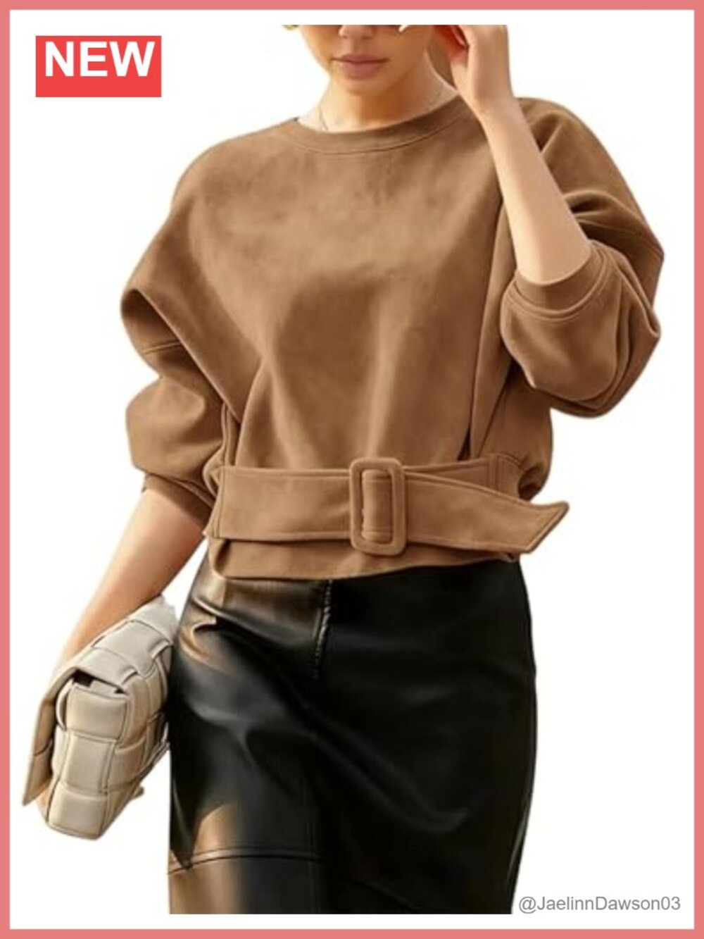Faux Suede Cropped Top Belted Buckle Long Sleeve Crew Neck Pullover